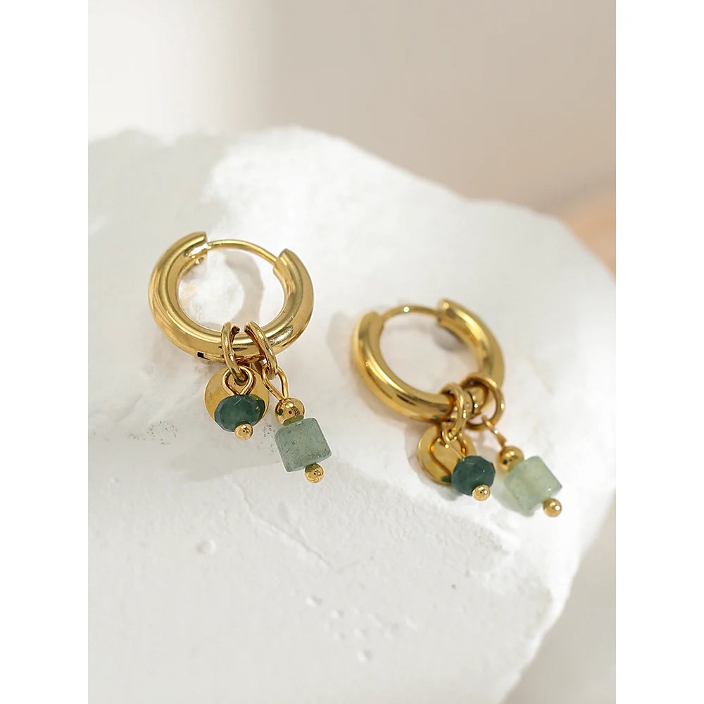 18K Gold Plated Stainless Steel Hoop Earrings for Women with Vintage Green Natural Stone Charms