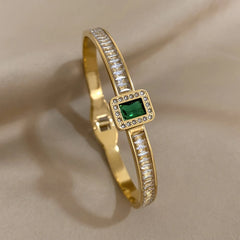 Green Square Zircon Stainless Steel Bangles for Women