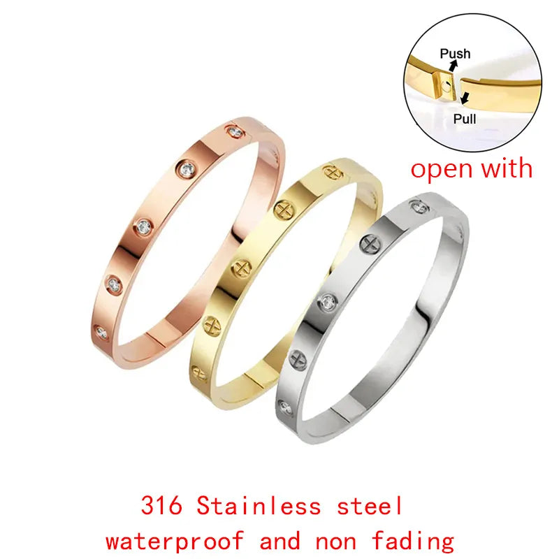 Stylish Gold Zircon and Cross Nut Nail Bracelet: Unisex Stainless Steel Bangle