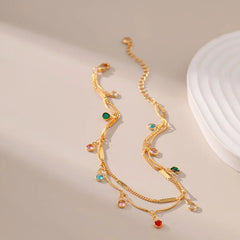 Round Colored Crystal Pendant 18K Gold Plated Double Chain Anklets