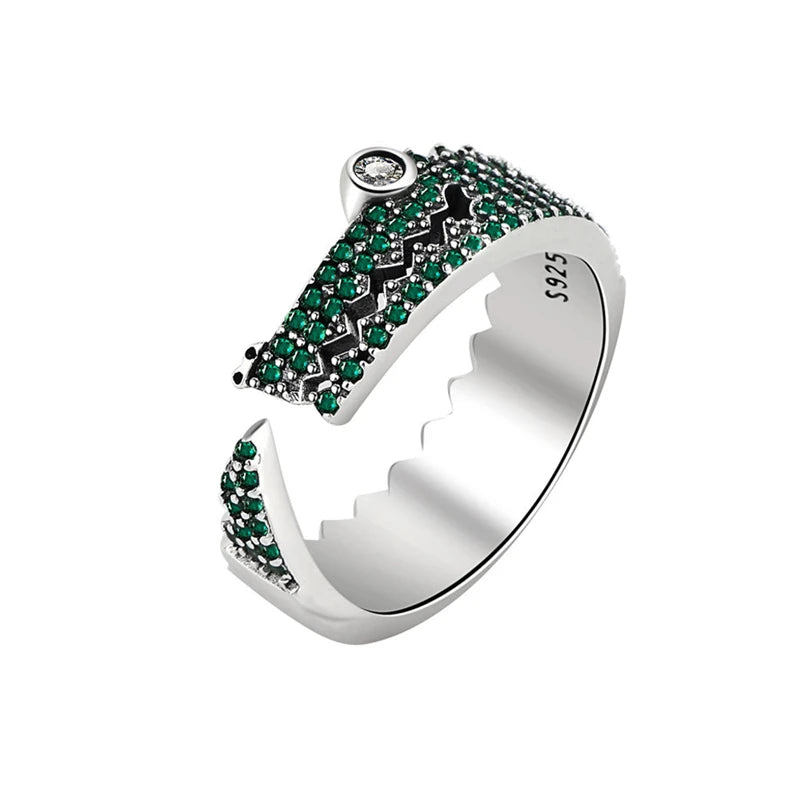 Green Zircon Crocodile Sterling Silver Resizable Opening Ring