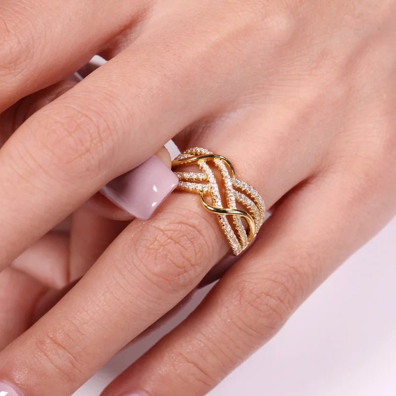 Gold-Toned Cubic Zirconia Ring with Geometric Design