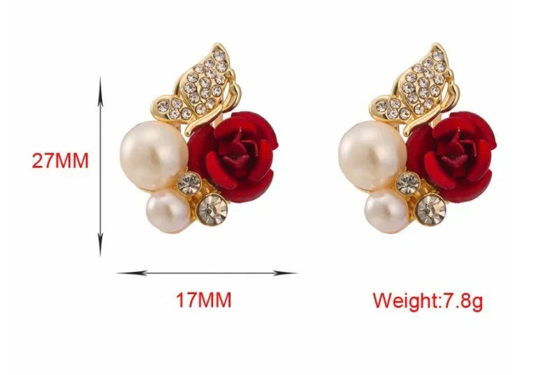 Trendy Red Rose Butterfly Ear Studs