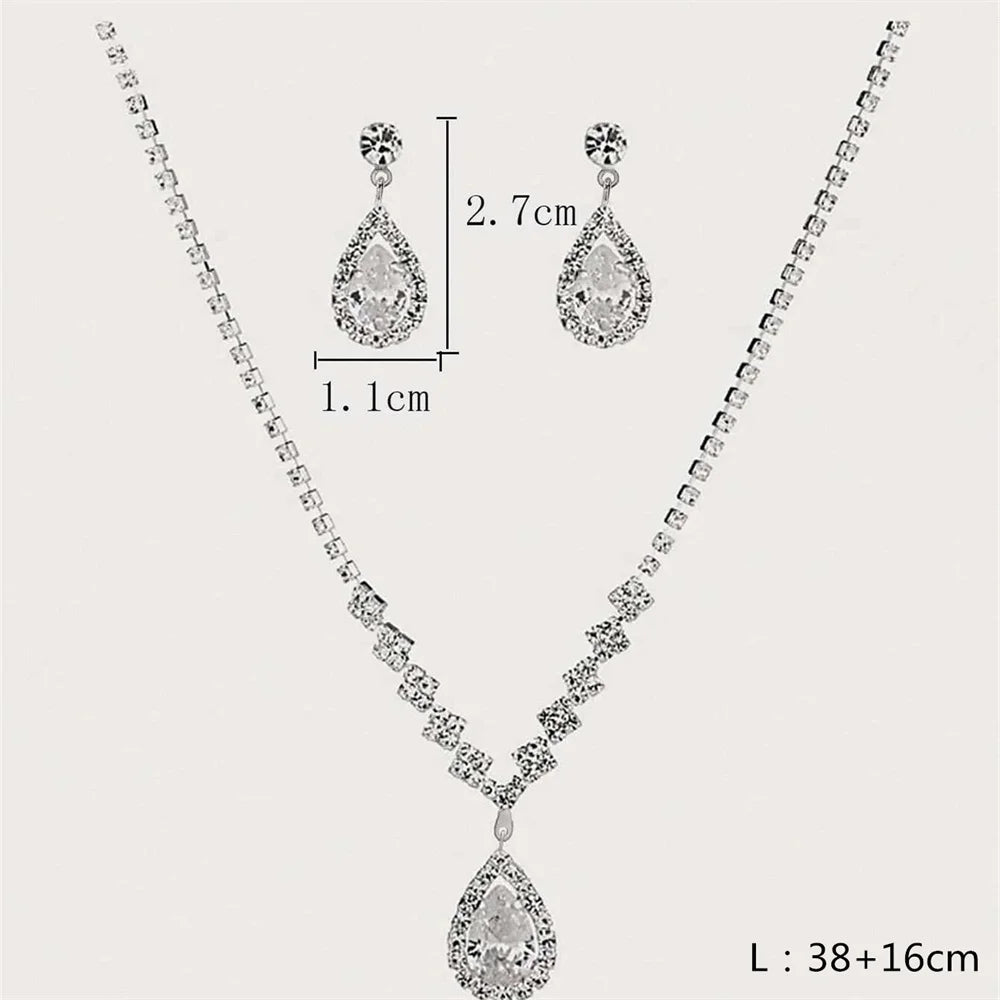 Simple Water Drop Crystal Rhinestone Necklace Earrings Chain For Women Wedding Bride Jewelry Sets Dress Accessories