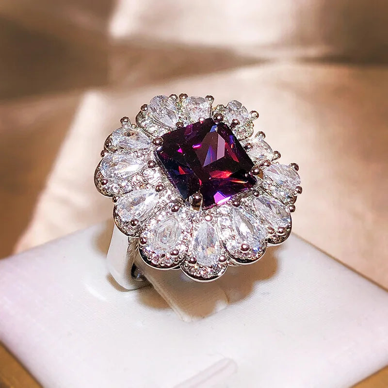 Exquisite Brilliant Purple Square Master Zircon Ring - Sterling Silver Water Drop Full Diamond Ring