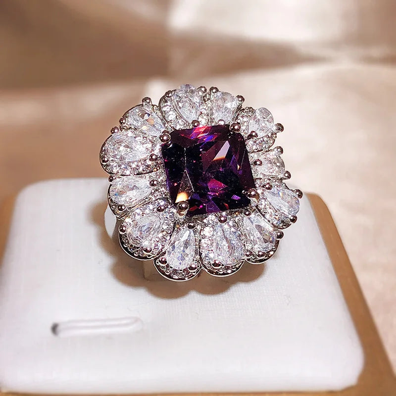 Exquisite Brilliant Purple Square Master Zircon Ring - Sterling Silver Water Drop Full Diamond Ring