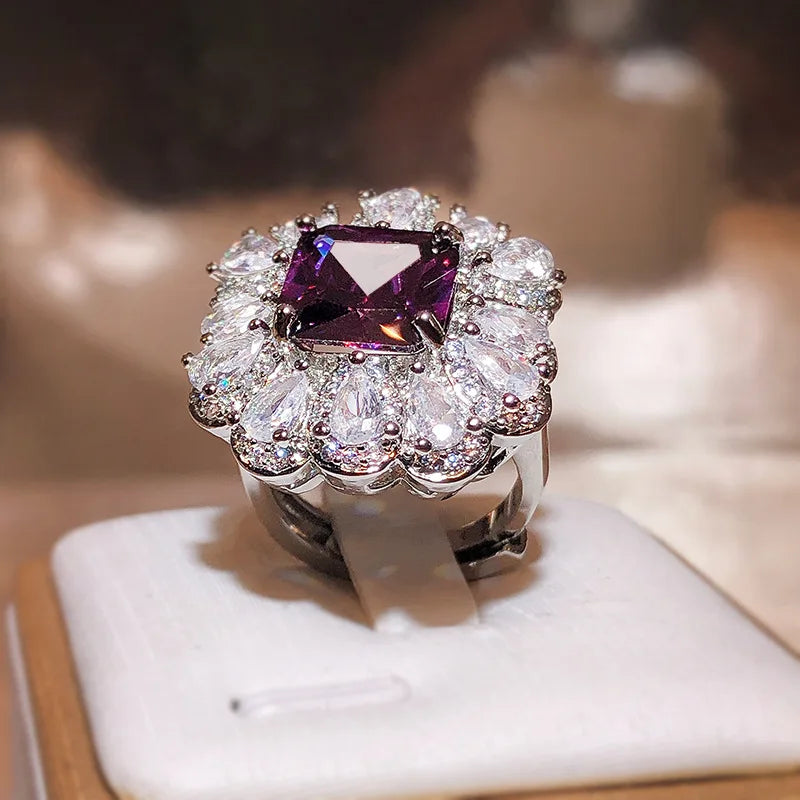 Exquisite Brilliant Purple Square Master Zircon Ring - Sterling Silver Water Drop Full Diamond Ring