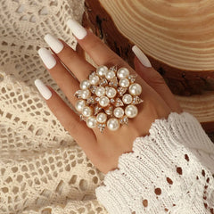 Ethnic Style Floral Ring with Pearl and Zircon Embellishments