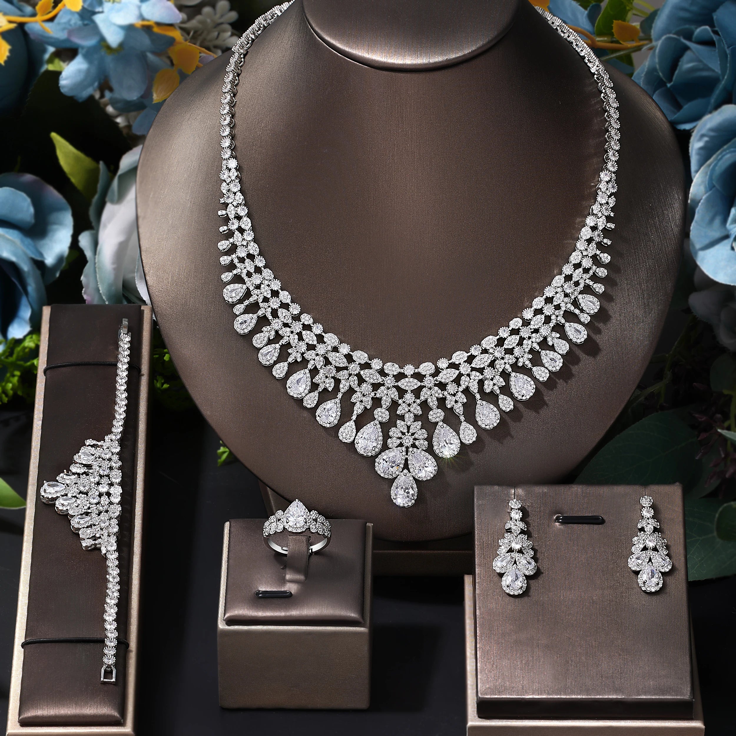 2024 Zircon Bridal Necklace Earrings 4-Piece Set