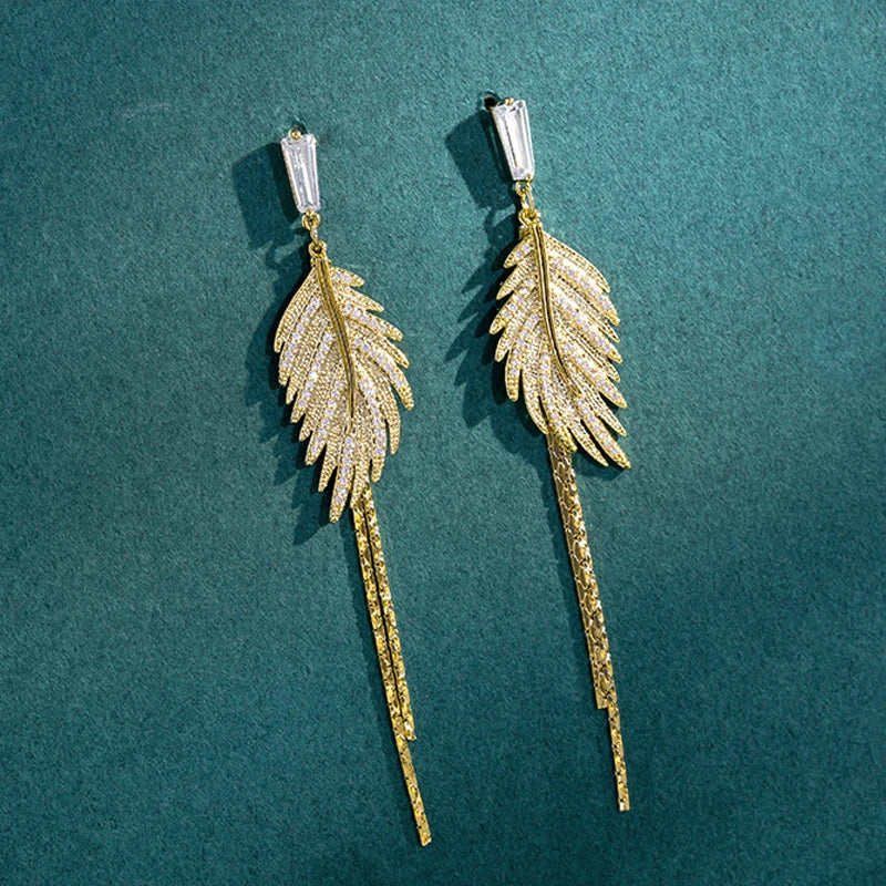 Luxury 14K Real Gold Plated Leaves Tassel Stud Earrings for Women