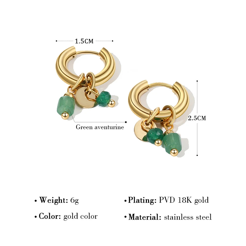 18K Gold Plated Stainless Steel Hoop Earrings for Women with Vintage Green Natural Stone Charms