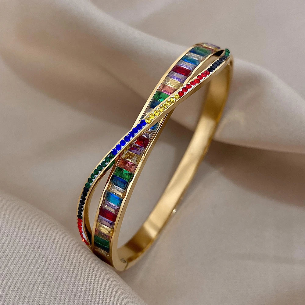 Exquisite Colorful Cubic Zirconia Rhinestone Intersect Stainless Steel Bangles