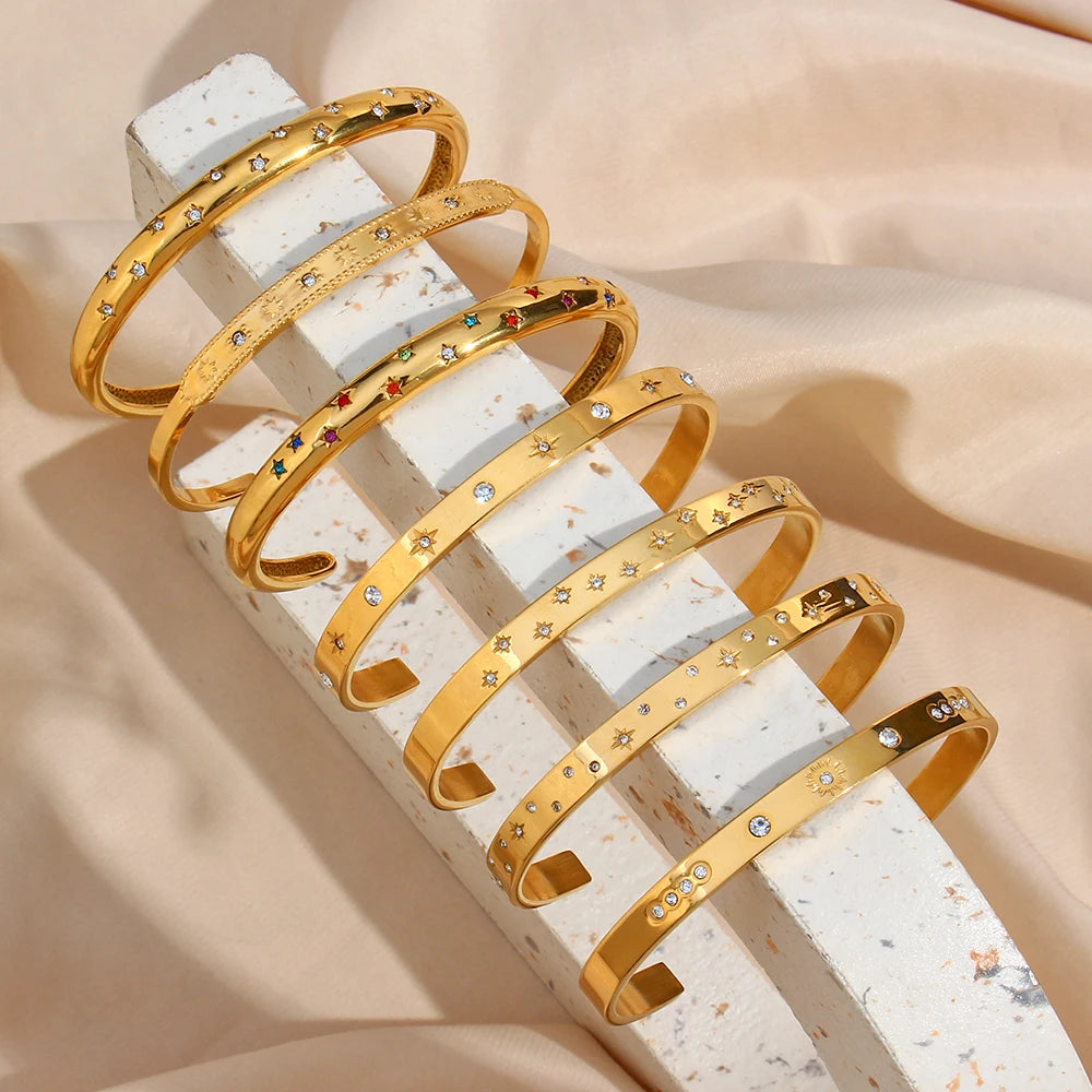 E.B.belle 18K Gold Plated Crystal Zircon Star Moon Cuff Bangles