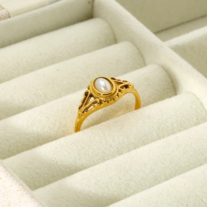 Minimalist Gold-Plated Stainless Steel Pearl Gemoteric Ring for Women