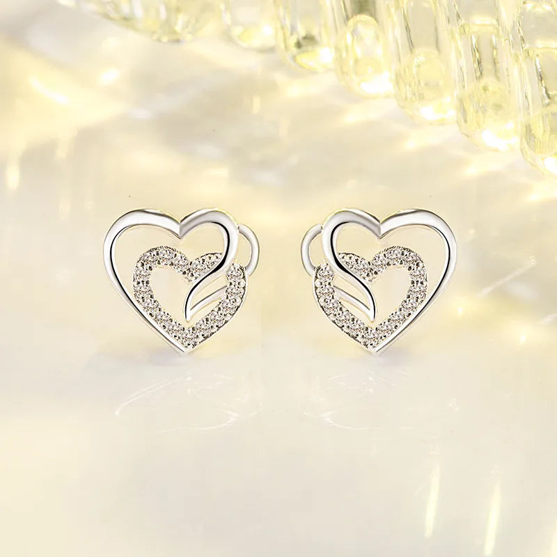 Exquisite 925 Sterling Silver Heart Stud Earrings with AAA Zircon