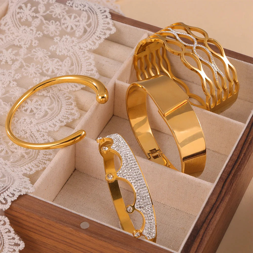 4pcs Trendy Stainless Steel Zircon Bracelet Set