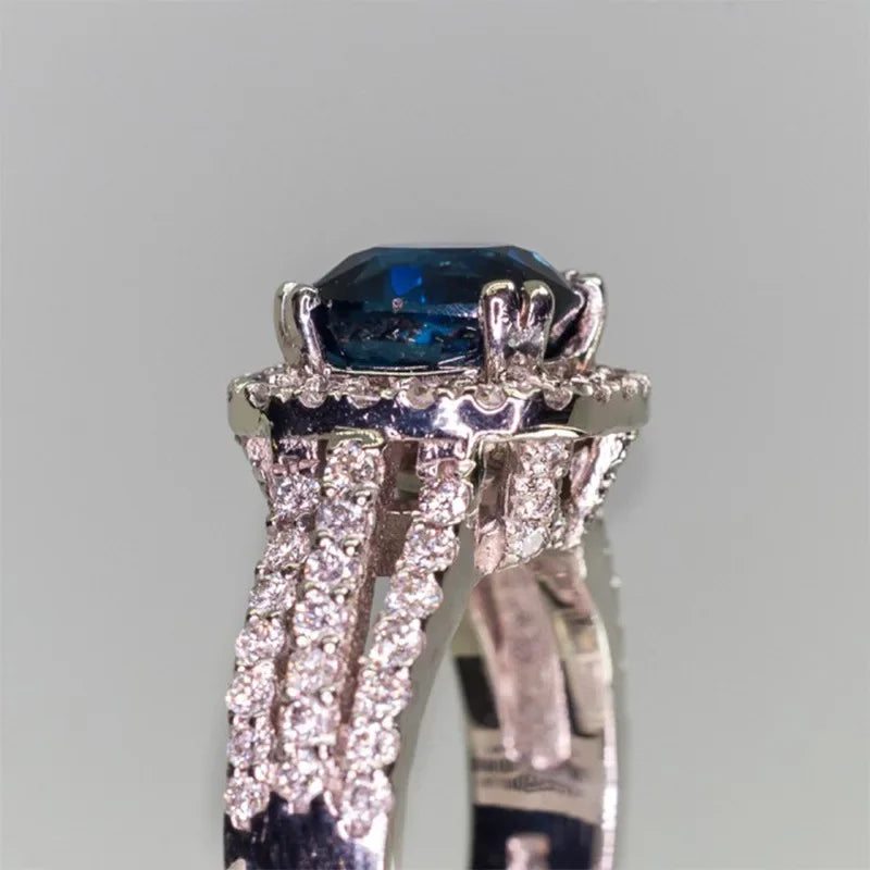 Sterling Silver Ring with Blue Zircon Inlay - Wedding Jewelry for Women