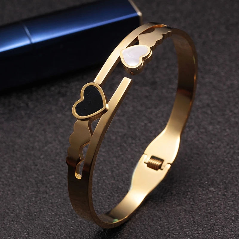 Stainless Steel Weave Heart Charm Cuff Bangles for Women