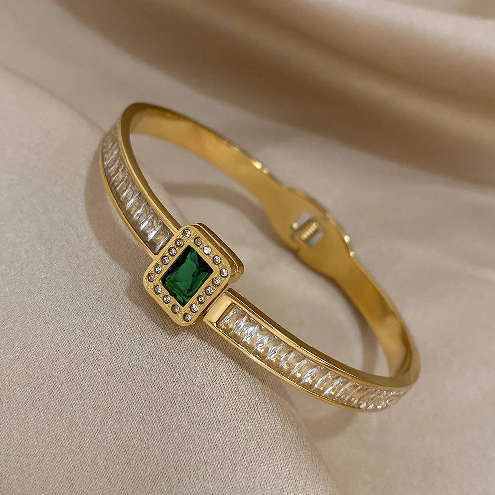 Green Square Zircon Stainless Steel Bangles for Women