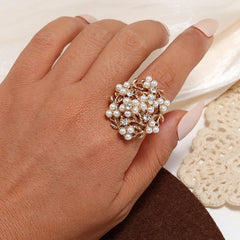 Ethnic Style Floral Ring with Pearl and Zircon Embellishments