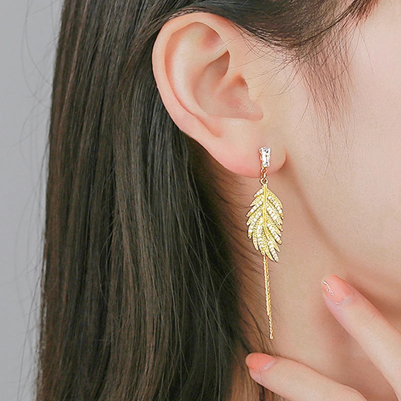 Luxury 14K Real Gold Plated Leaves Tassel Stud Earrings for Women