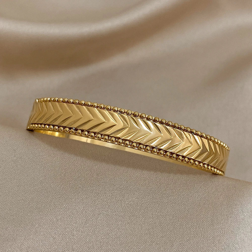 18K Gold Plated Stainless Steel Beads Textured Bangles