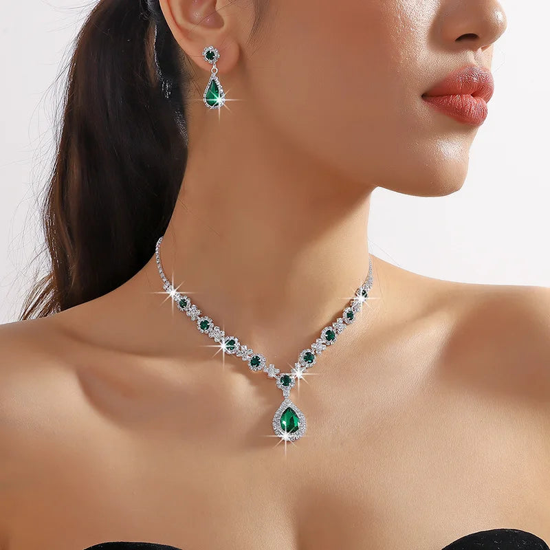 Waterdrop Rhinestone Pendant Necklace and Stud Earrings Jewelry Set