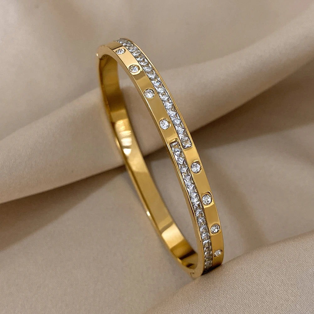 Elegant Gold-Plated Charm Bangle Bracelet with Geometric Zircon Accents