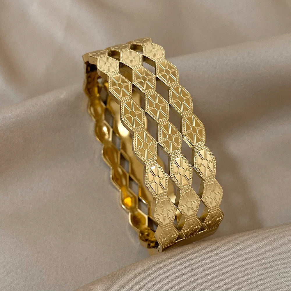 AENSOA Hollow 18K Gold Plated Geometric Wide Cuff Bangle Bracelet