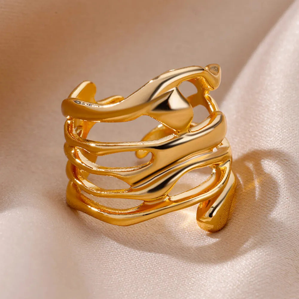 Stainless Steel Rings For Women Men Gold Color Hollow Wide Ring