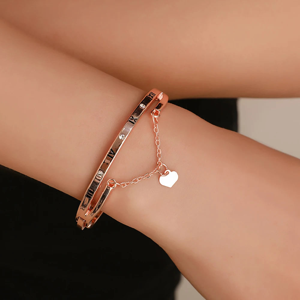 Elegant Crystal Heart Charm Bracelets in Gold and Rose Gold