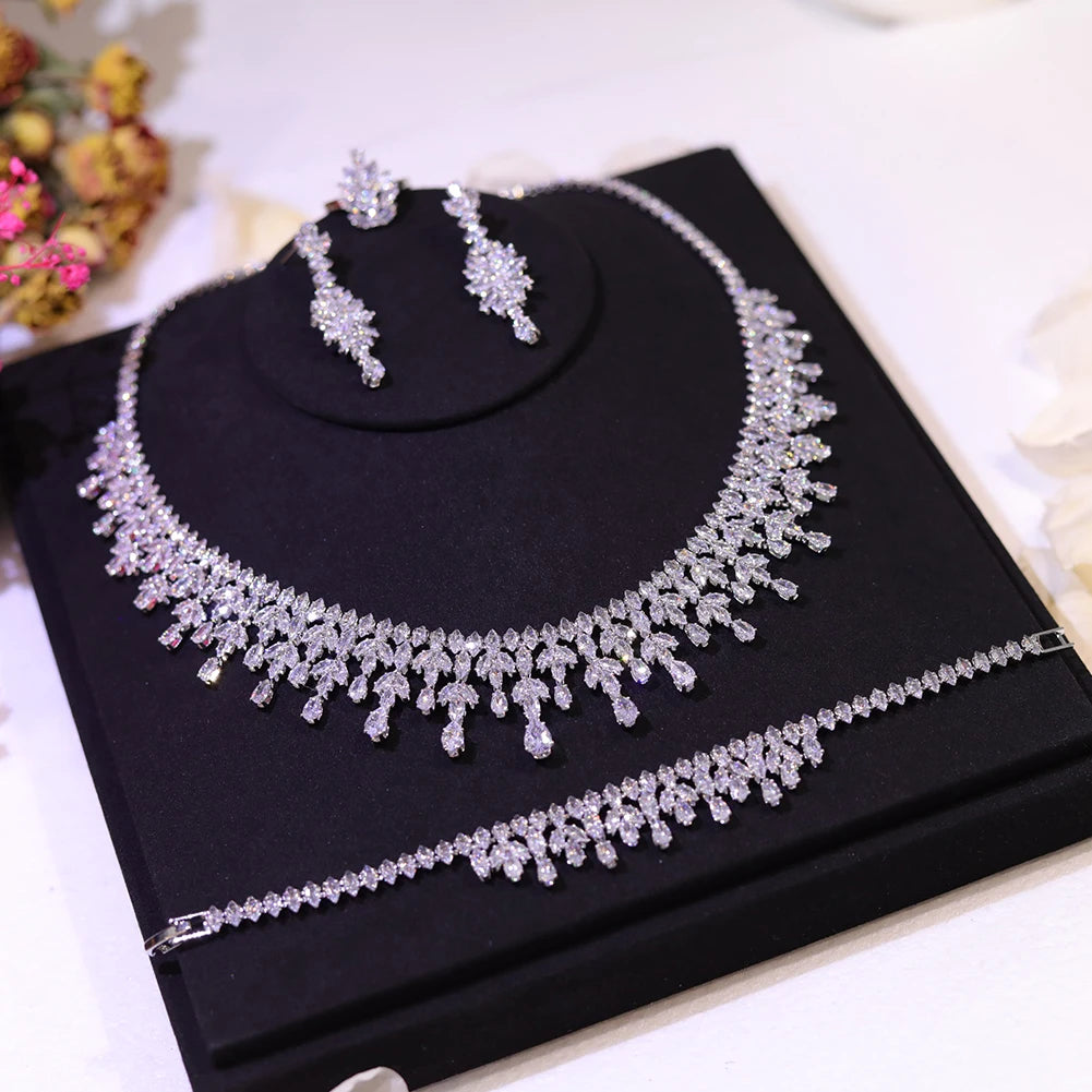 Leaf Design Bridal Necklace Earring Set with Cubic Zirconia