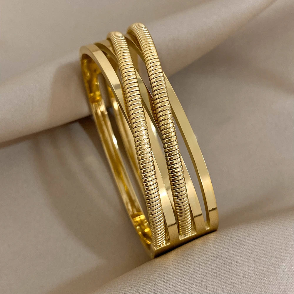 AENSOA Hollow 18K Gold Plated Geometric Wide Cuff Bangle Bracelet