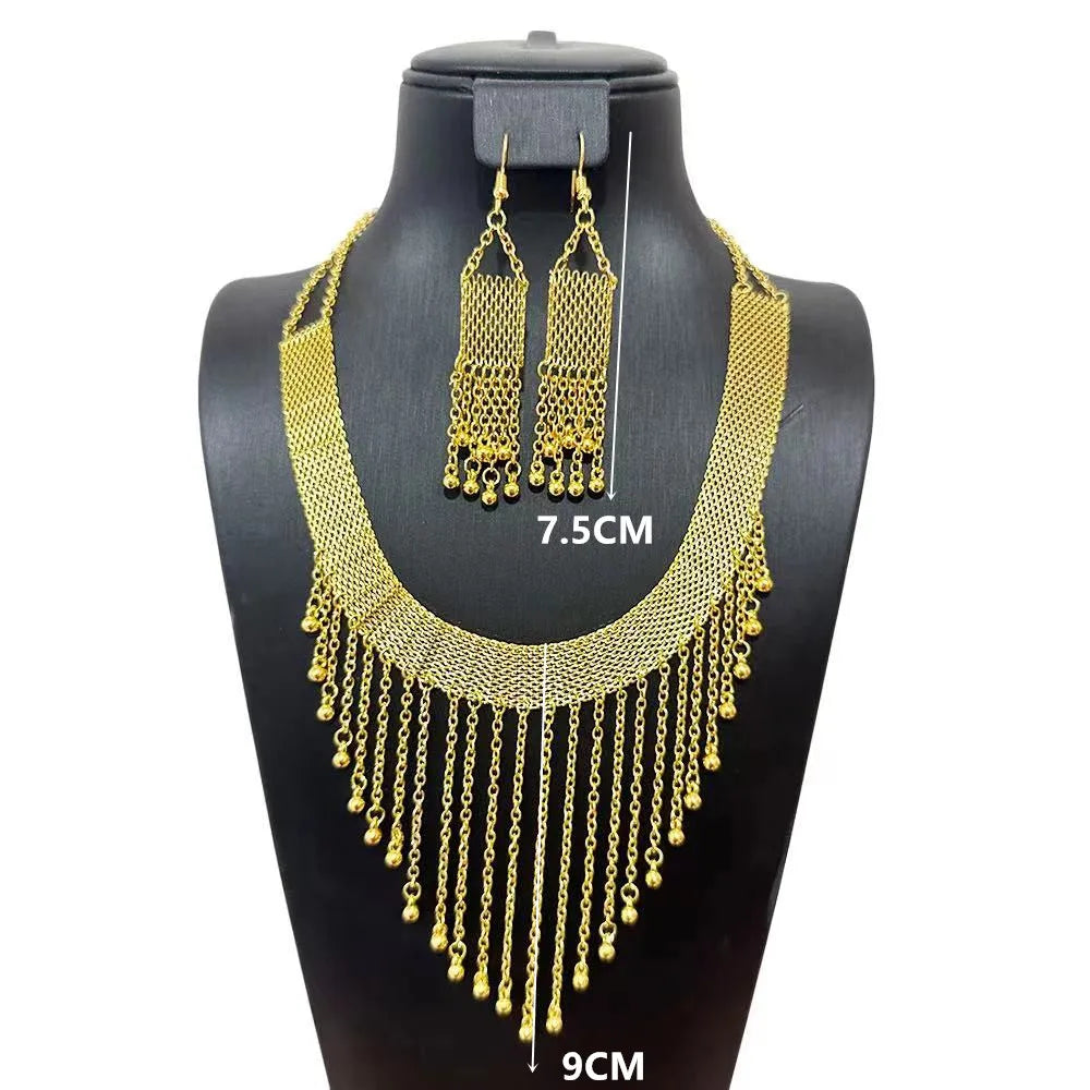 Luxurious Gold Necklace and Earrings Set: Tassel Pendant Bridal Jewelry