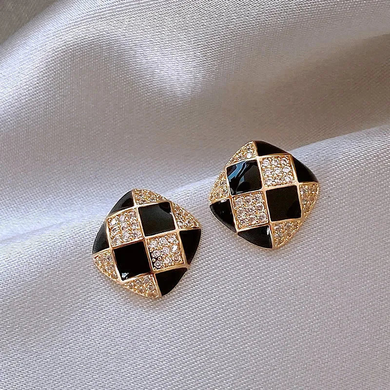 French-Inspired Chessboard Crystal Stud Earrings