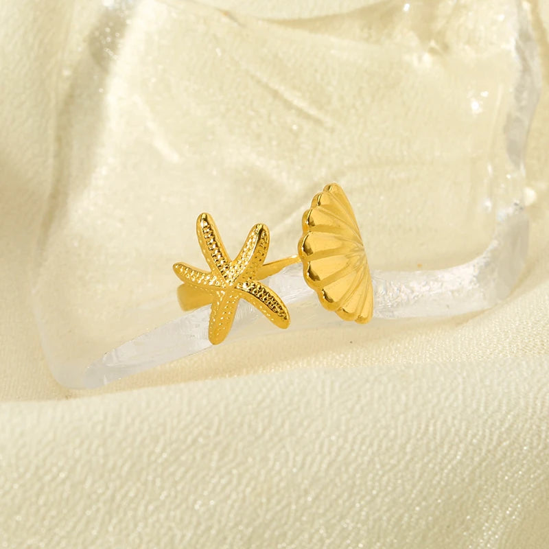 Summer 18K Gold Plated Stainless Steel Starfish Open Ring