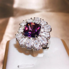 Exquisite Brilliant Purple Square Master Zircon Ring - Sterling Silver Water Drop Full Diamond Ring