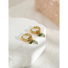 18K Gold Plated Stainless Steel Hoop Earrings for Women with Vintage Green Natural Stone Charms