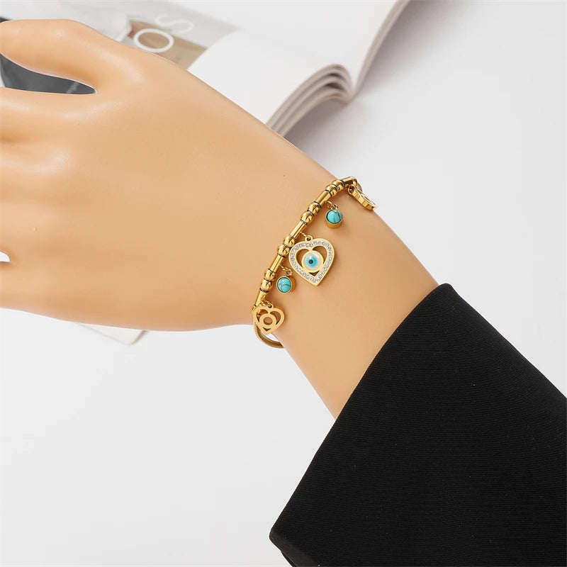 Stylish Stainless Steel Heart Eye Charm Snake Chain Bracelet for Women