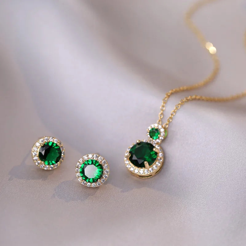 Exquisite Emerald Zircon Round Pendant Necklace Earrings Set - Temperament Jewelry Set