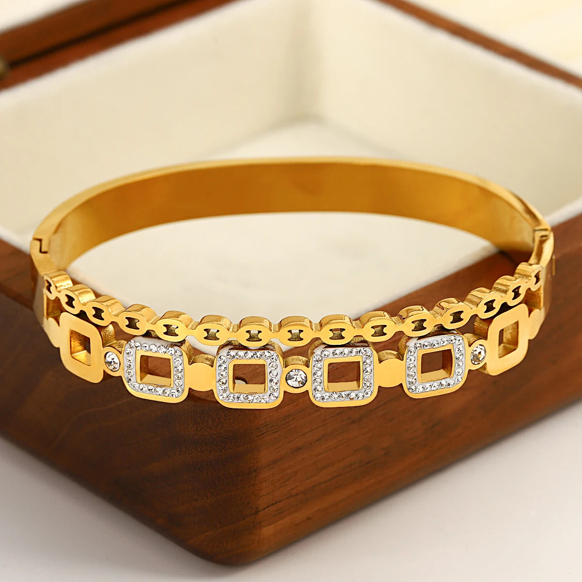 Trendy Stainless Steel Square Crystal Bangles