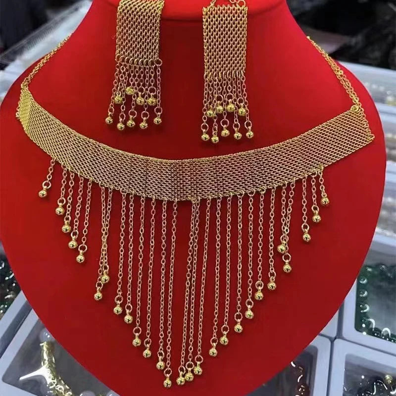 Luxurious Gold Necklace and Earrings Set: Tassel Pendant Bridal Jewelry