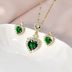 Luxury Heart-shaped Necklace and Earrings Jewelry Set with Green Zircon