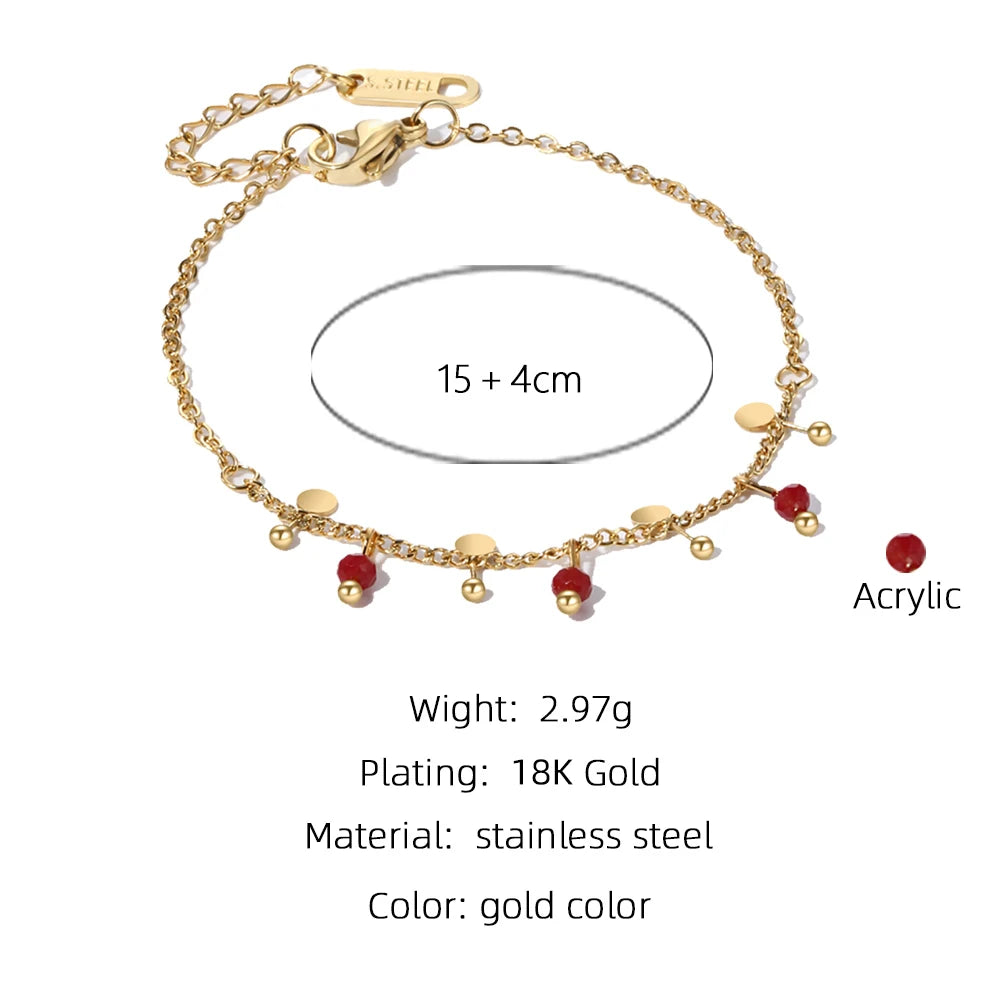 18K Gold Plated Stainless Steel Chain Bracelets with Red Acrylic Ball Charms