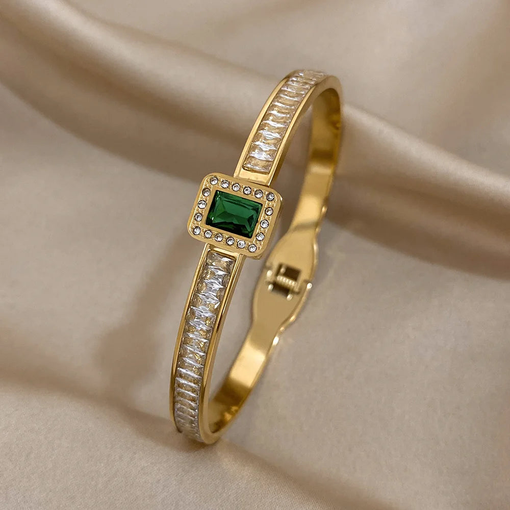 Green Square Zircon Stainless Steel Bangles for Women