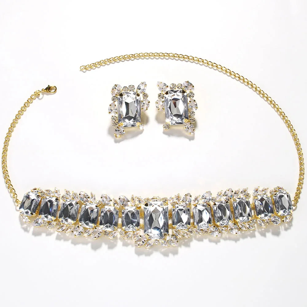 Elegant Bride Crystal Necklace and Earrings Set for Weddings and Prom