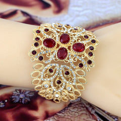 Moroccan Rhinestone Cuff Bracelet: Gold Color Wide Arabic Bangle