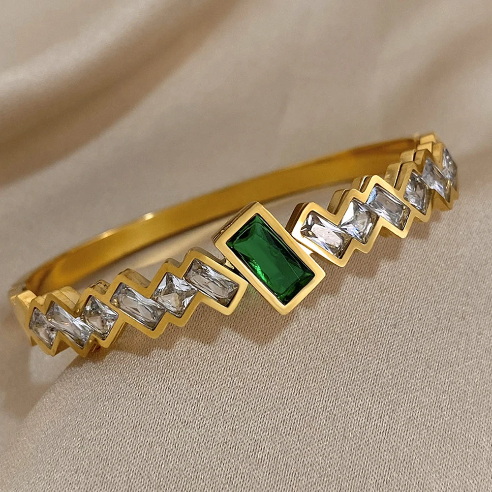 Trendy Green White Rectangular Zircon Bangles Bracelets