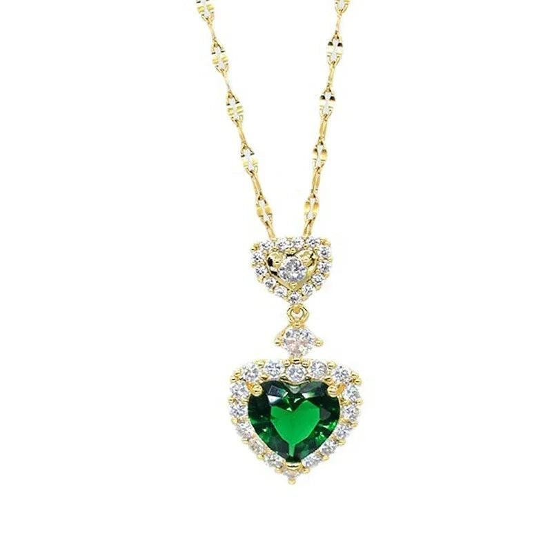 Luxury Heart-shaped Necklace and Earrings Jewelry Set with Green Zircon