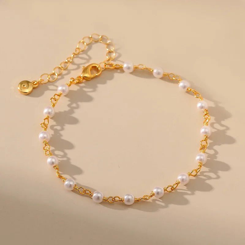 Pretty White Pearl Anklets for Women 18K Gold Chain